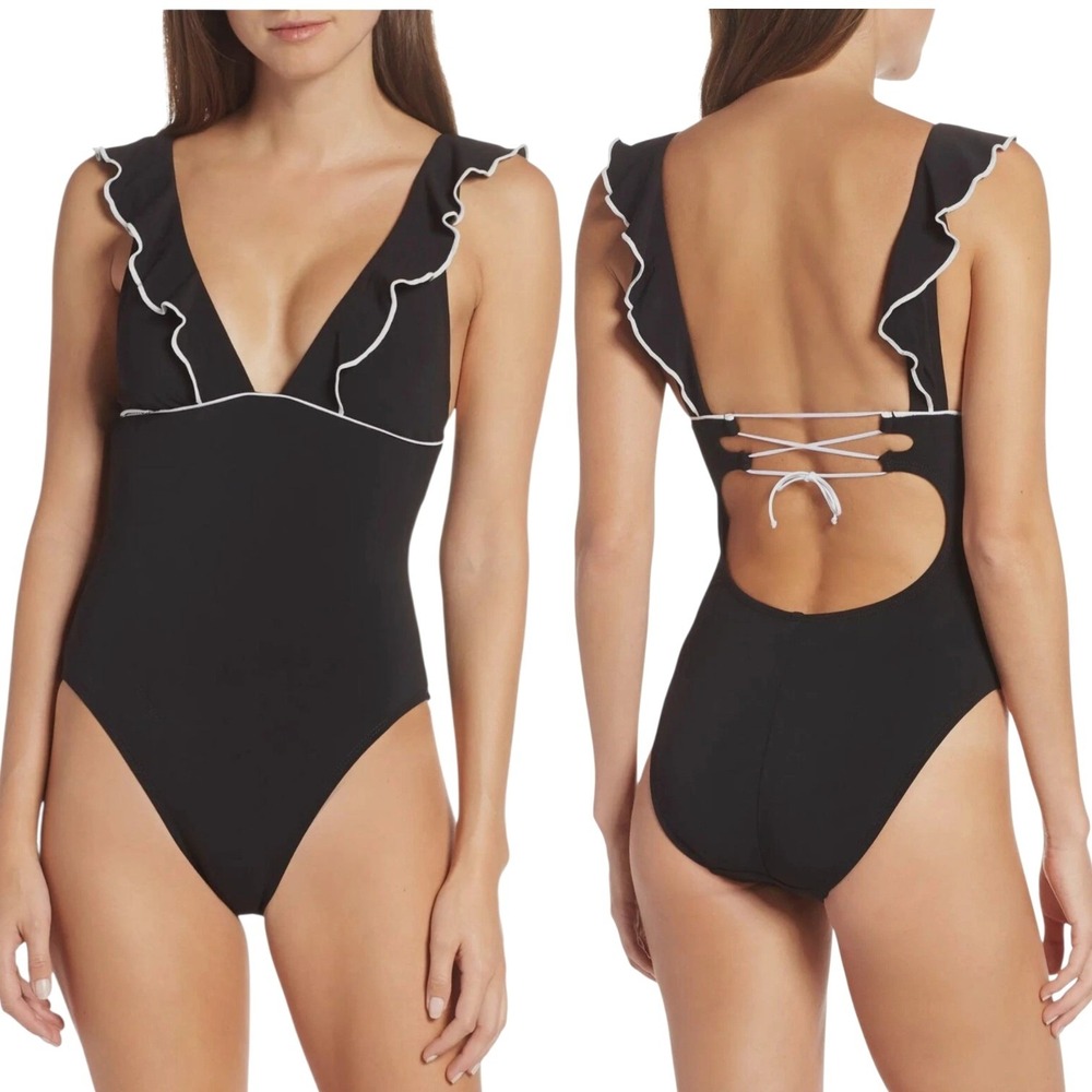 Robin Piccone Malia Ruffle Plunge One Piece Swimsuit Size 8 Black White